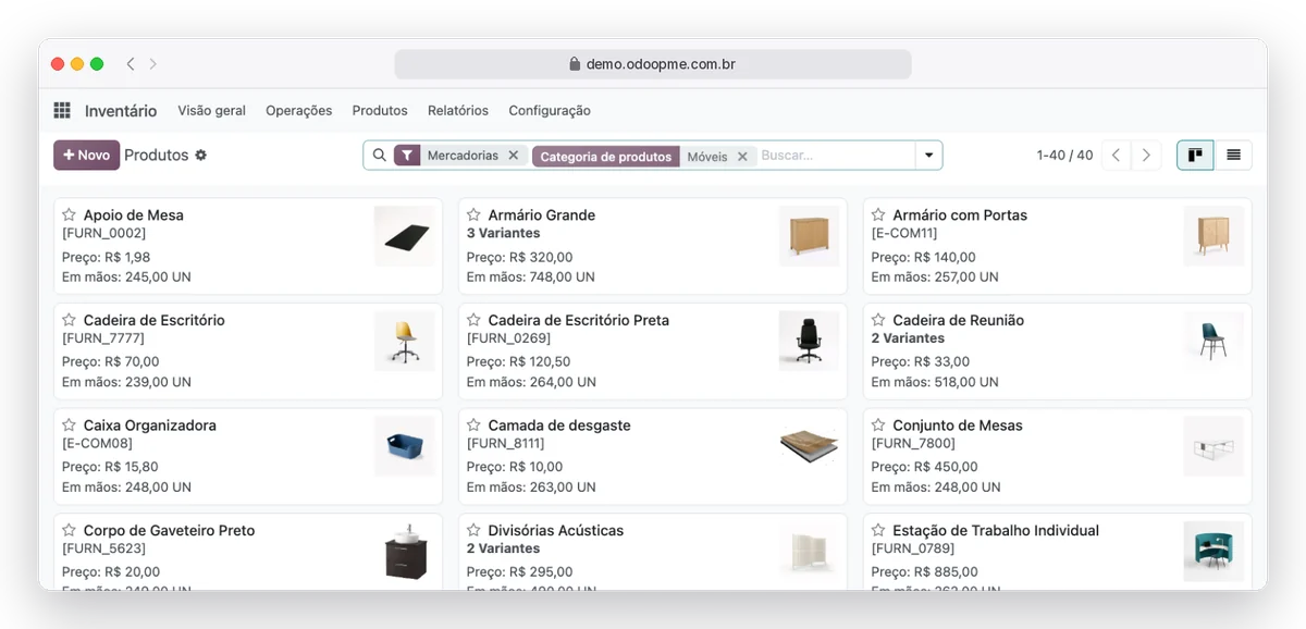 Catálogo de produtos do RobSolution com preço e quantidade em estoque