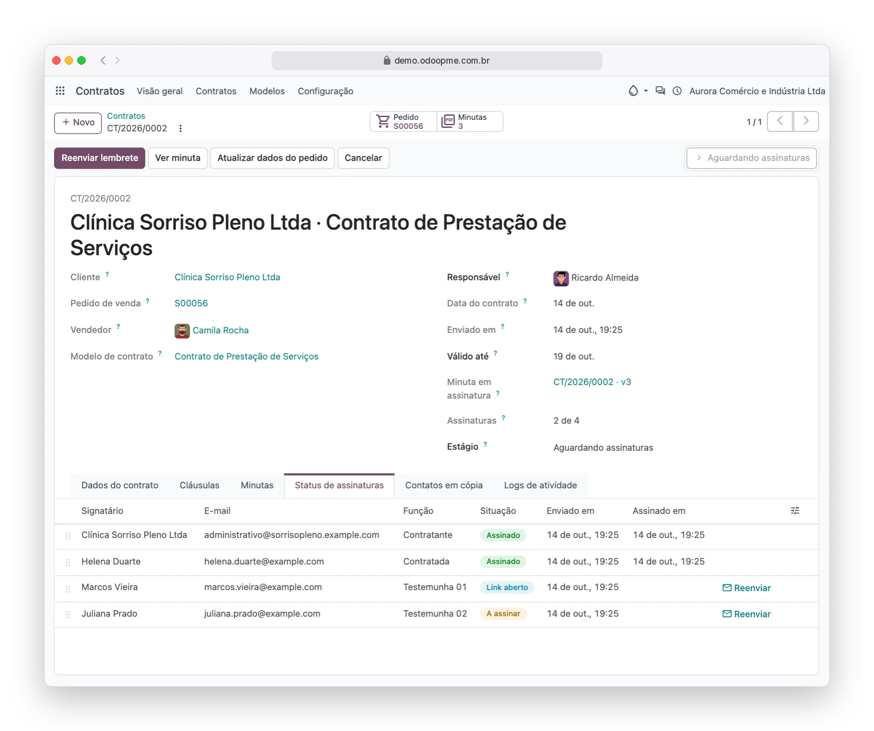 Status de assinaturas do contrato no RobSolution com signatários assinados, link aberto e a assinar