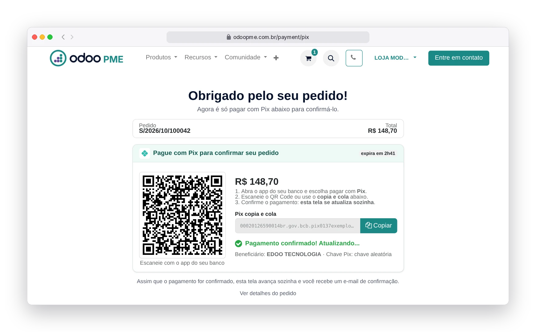 Tela do Pix no RobSolution com o pagamento confirmado: a página avança sozinha para os próximos passos