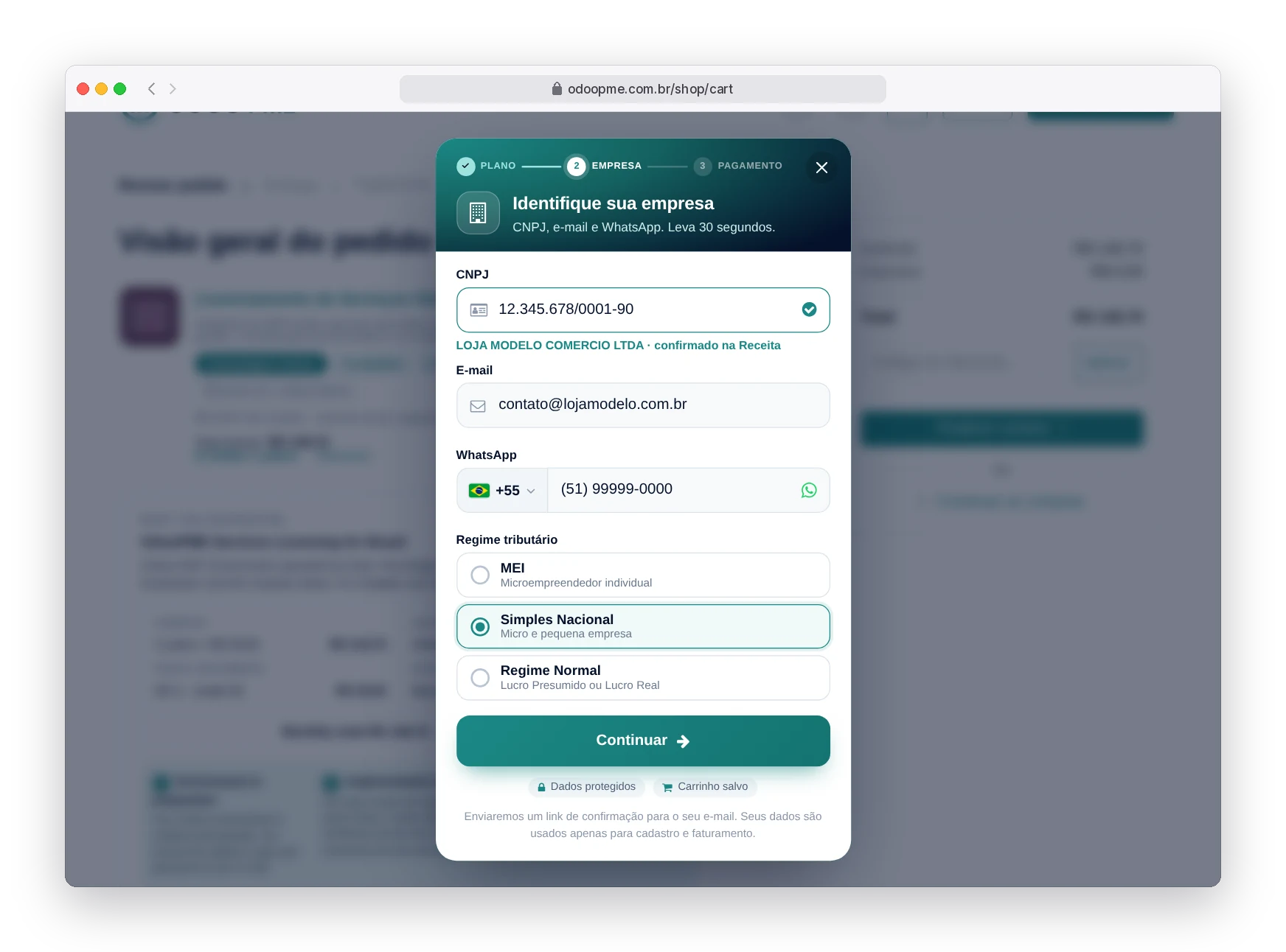 Janela de cadastro rápido do RobSolution pedindo CNPJ, e-mail e regime tributário com as opções MEI, Simples Nacional e Regime Normal