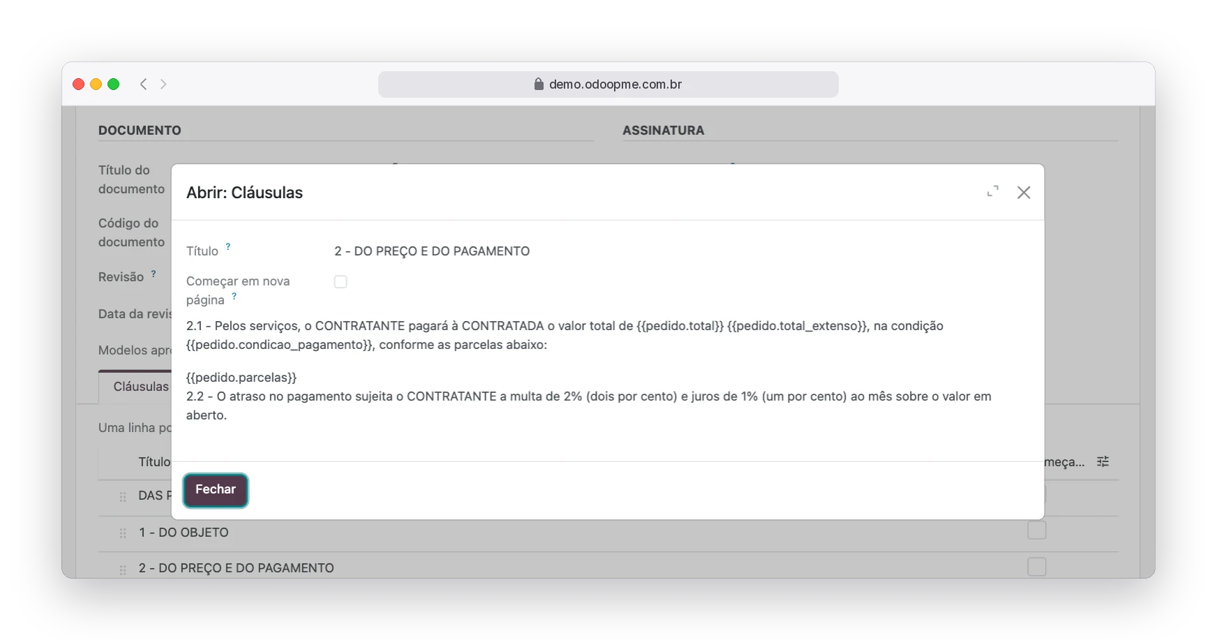 Edição de cláusula do modelo de contrato com campos do pedido, como total, total por extenso e parcelas